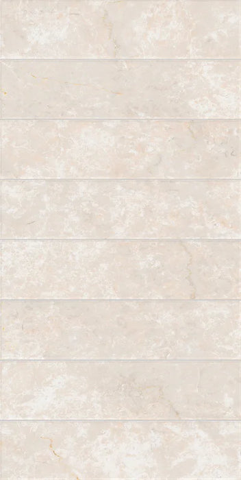 Dettaglio piastrella in gres porcellanato effetto marmo della collezione Dama di Self Style by keradom, formato 6x25, colore Botticino Classico