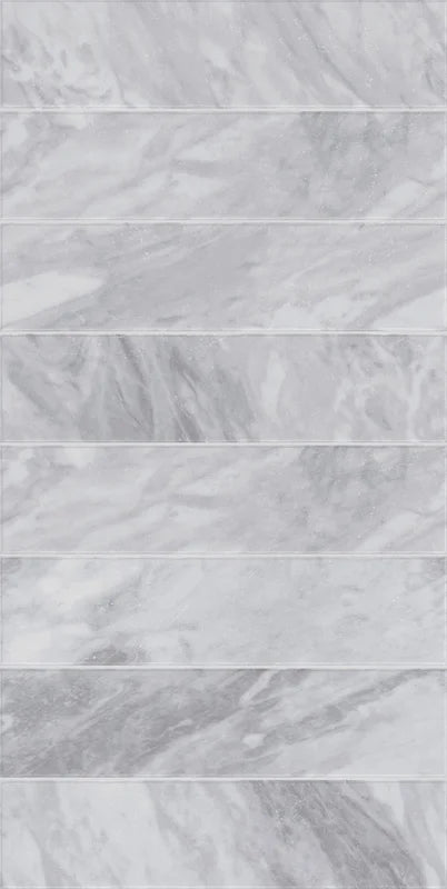 Dettaglio piastrella in gres porcellanato effetto marmo della collezione Dama di Self Style by keradom, formato 6x25, colore Grigio Bardiglio