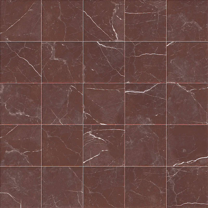 Dettaglio piastrella in gres porcellanato effetto marmo della collezione Dama di Self Style by keradom, formato 25x25, colore Rosso Cardinale