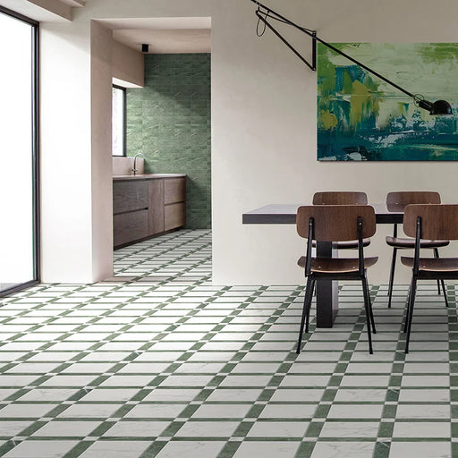 Dettaglio piastrella in gres porcellanato effetto marmo della collezione Dama di Self Style by keradom, formato 6x25, colore Verde Guatemala