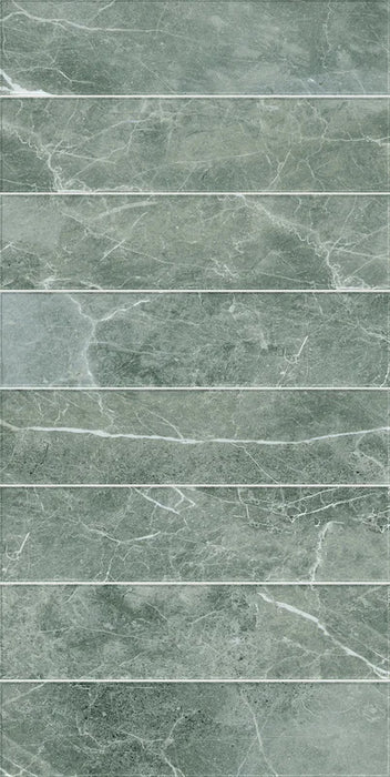 Dettaglio piastrella in gres porcellanato effetto marmo della collezione Dama di Self Style by keradom, formato 6x25, colore Verde Guatemala