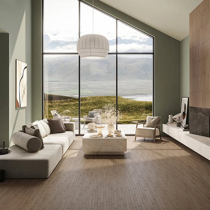 Dettaglio piastrella in gres porcellanato effetto legno della collezione Legnetto38 di Self Style by keradom, formato 3.8x38, colore Nocciola