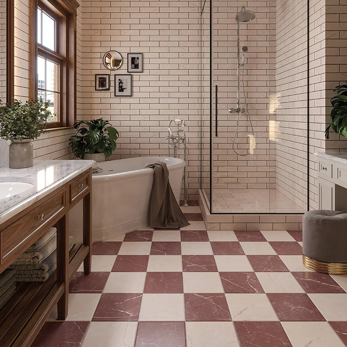 Dettaglio piastrella in gres porcellanato effetto marmo della collezione Dama di Self Style by keradom, formato 25x25, colore Rosa Portogallo