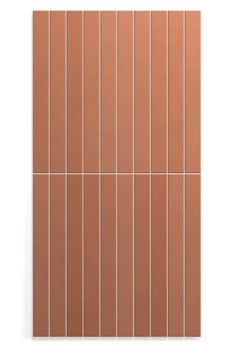 Dettaglio piastrella in gres porcellanato effetto mattoncino della collezione Twiggy di Self Style by keradom, formato 3.8x38, colore Mattone