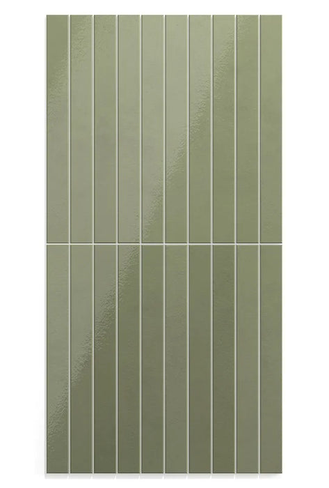 Dettaglio piastrella in gres porcellanato effetto mattoncino della collezione Twiggy di Self Style by keradom, formato 3.8x38, colore Oliva