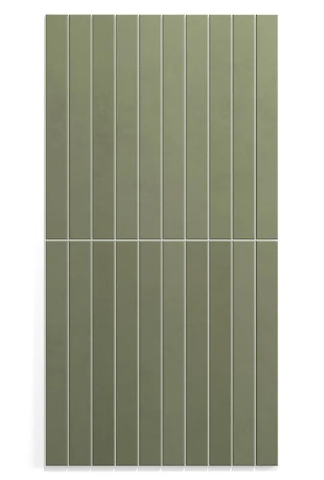 Dettaglio piastrella in gres porcellanato effetto mattoncino della collezione Twiggy di Self Style by keradom, formato 3.8x38, colore Oliva