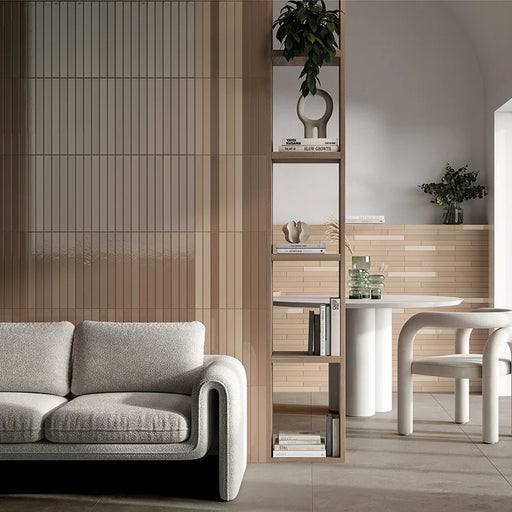 Dettaglio piastrella in gres porcellanato effetto mattoncino della collezione Twiggy di Self Style by keradom, formato 3.8x38, colore Terra