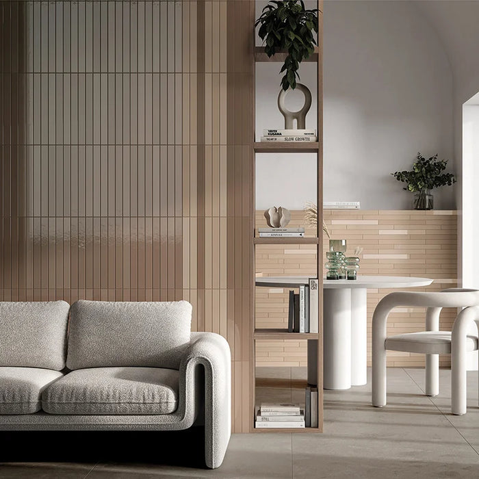 Dettaglio piastrella in gres porcellanato effetto mattoncino della collezione Twiggy di Self Style by keradom, formato 3.8x38, colore Terra