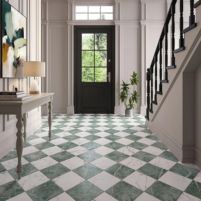 Dettaglio piastrella in gres porcellanato effetto marmo della collezione Dama di Self Style by keradom, formato 25x25, colore Verde Guatemala