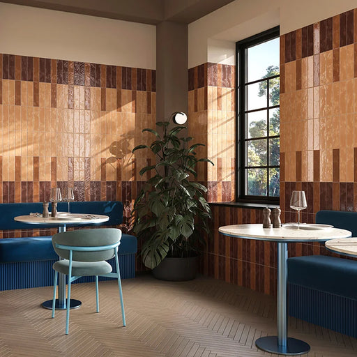 Dettaglio piastrella con colori pastello, collezione Costa Rei di Self Style by Keradom formato mattoncino colore Ambra 6x25