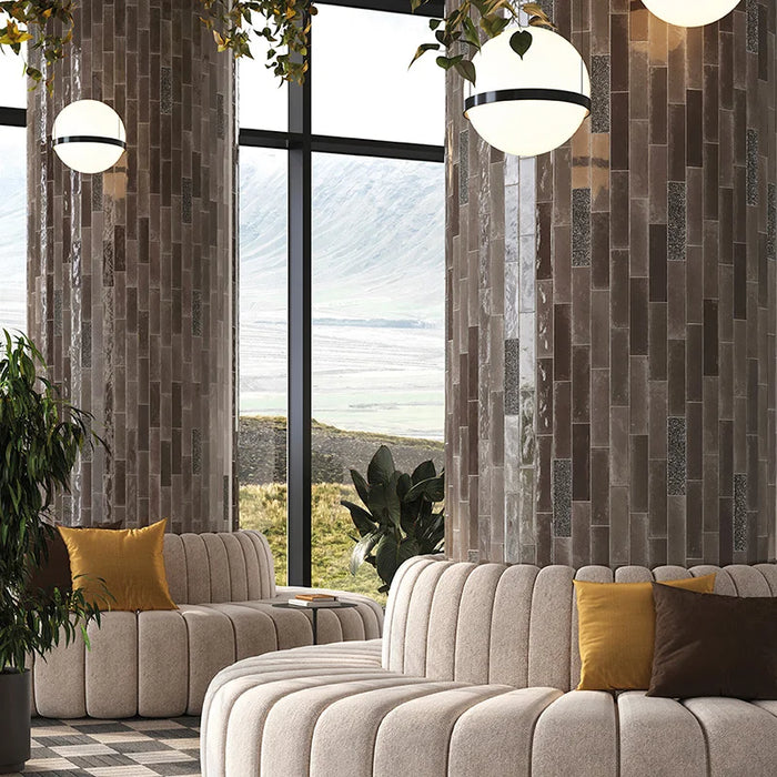 Dettaglio piastrella in gres porcellanato effetto mattoncino della collezione Incanto di Self Style by keradom, formato 6x25, colore Espresso