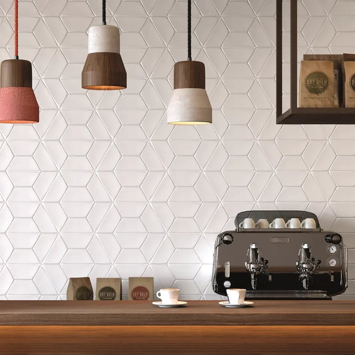 Dettaglio piastrella per rivestimento in ceramica formato esagonale opaco 15,6x18 cm della collezione Magnolia, colore Matt White di Ceramica Settecento