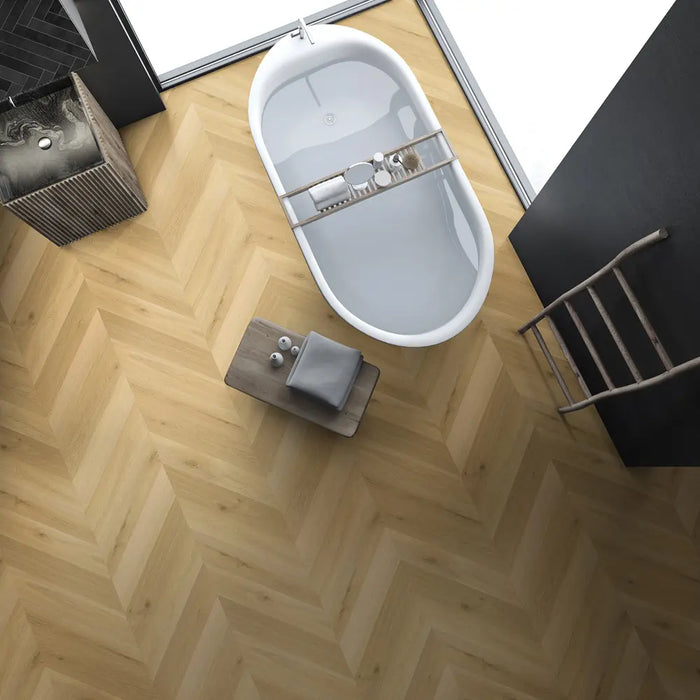 Pavimento a spina di pesce in spc per posa senza colla anche sopra al vecchio pavimento. CoverUpp SPC Spina di pesce Miele