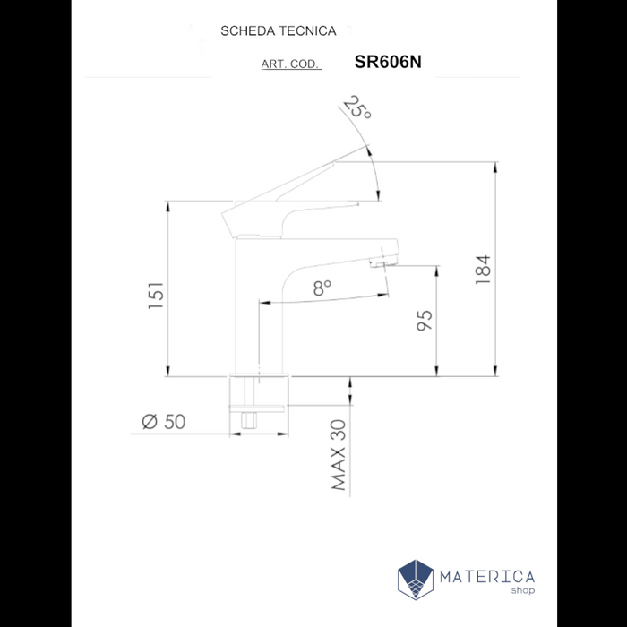 miscelatore monocomando per lavabo senza scarico e senza for sul corpo della serie smart di daniel rubinetterie