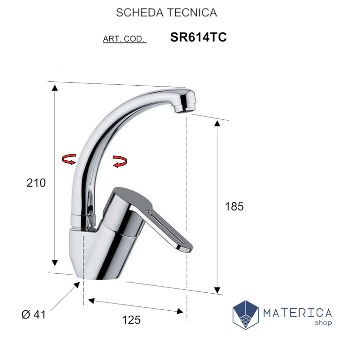 Miscelatore Lavello Monoforo 45° con bocca girevole, modello corto della serie smart di daniel rubinetteria