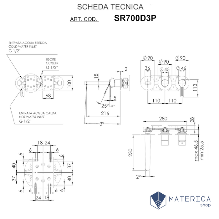 miscelatore a incasso per vasca/doccia senza placca della serie smart di daniel rubinetteria