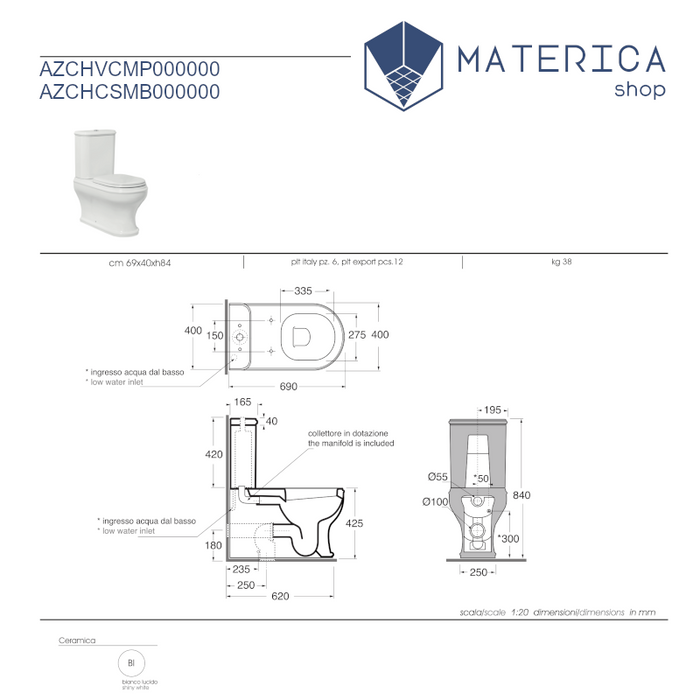 scheda tecnica di vaso monoblocco della serie Stile di Matericashop