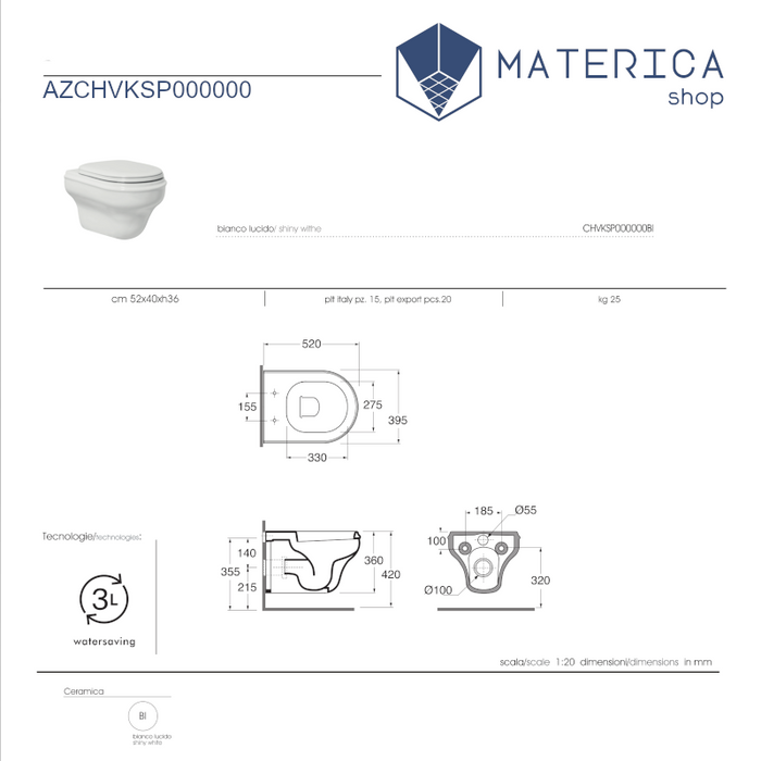 SCHEDA TECNICA DEL VASO SOSPESO DELA SERIE STILE DI MATERICASHOP