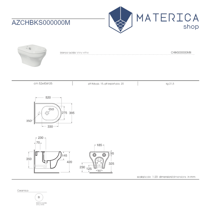 scheda tecnica di bidet sospeso della serie Stile Charme di matericashop