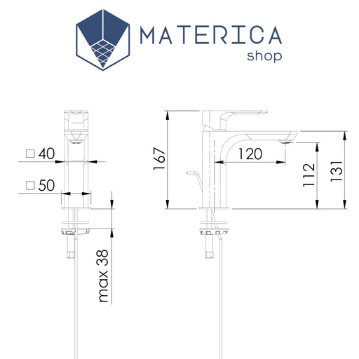 scehda tecnica del miscelatore per lavabo Minerva con scarico, disponibile in varie finiture