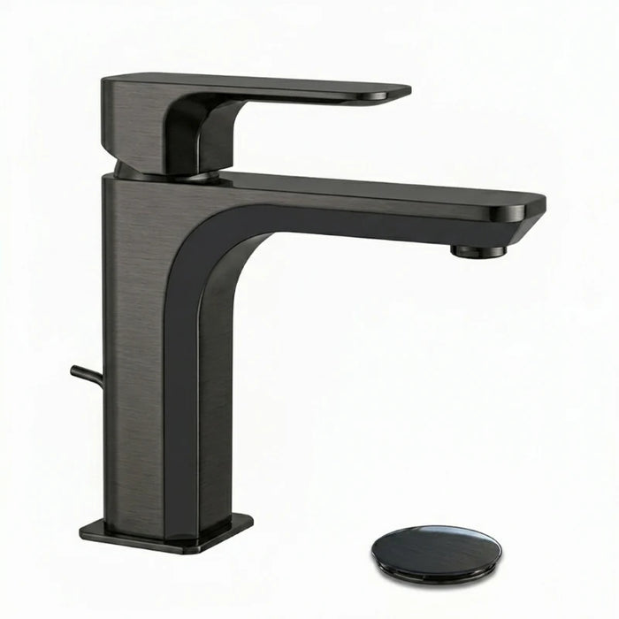 miscelatore monocomando MINERVA per lavabo con scarico in finitura cromo nero spazzolato lucido