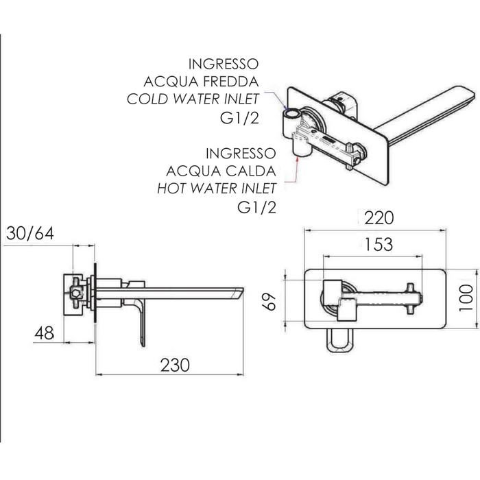 scheda tecnica miscelatore minerva per lavabo da incasso con bocca lunga 23 cm, parti a incasso incluse, disponibile in 15 finiture diverse