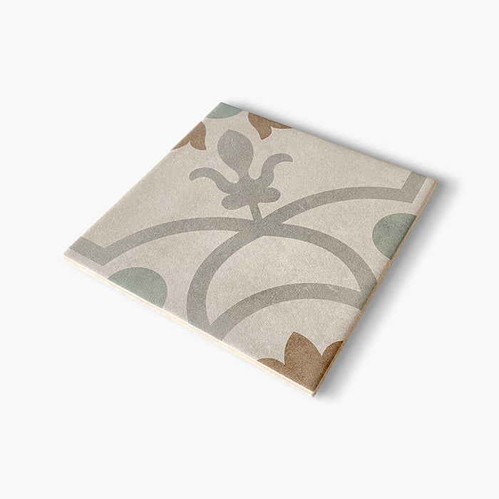 Dettaglio Piastrella da pavimento e rivestimento in gres porcellanato serie Talé di Savoia Italia, Decoro effetto cementina Mix Orientale formato 21x21 Colore Verde/Grigio/Cotto