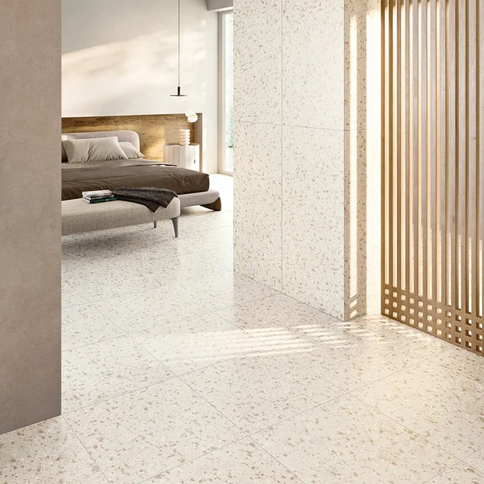 Camera moderna con pavimento gres effetto marmetta Terrazzotech Beige 60x60 Casalgrande.