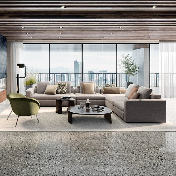 Salotto moderno con pavimento gres effetto marmetta levigato Terrazzotech Grigio 60x120 Casalgrande.