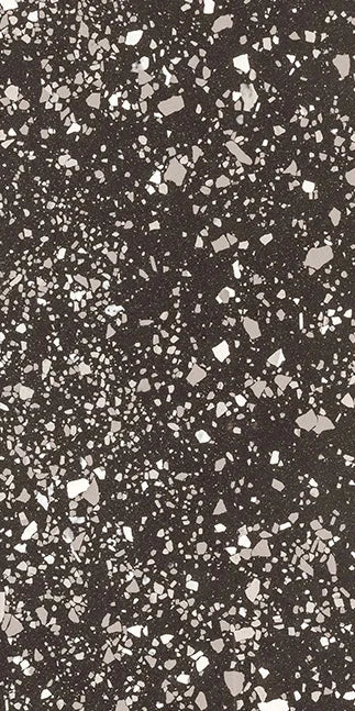Dettaglio piastrella in gres porcellanato effetto graniglia e marmetta della Collezione terrazzotech di Casalgrande, formato 60x120 cm, colore Nero