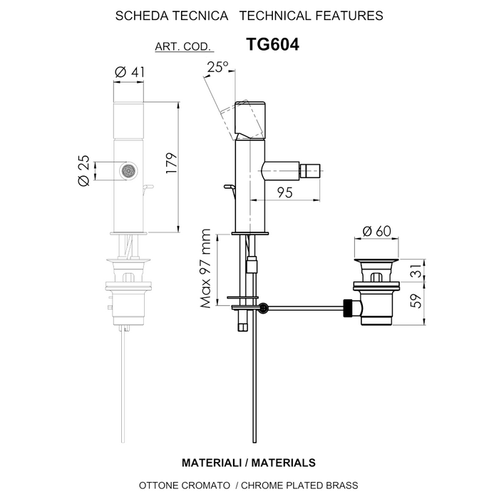 SCHEDA TECNICA MISCELATORE TRILOGY PER BIDET CON SCARICO DELLA SERIE TRILOGY DI DANIEL RUBINETTERIE