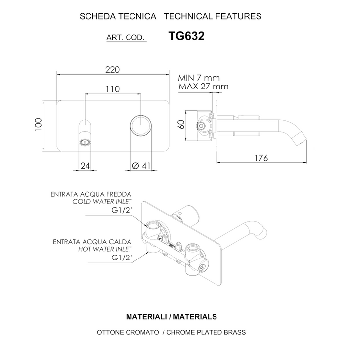 scheda tecnica del miscelatore per lavabo a incasso su piastra rettangolare della serie trilogy di daniel rubinetterie