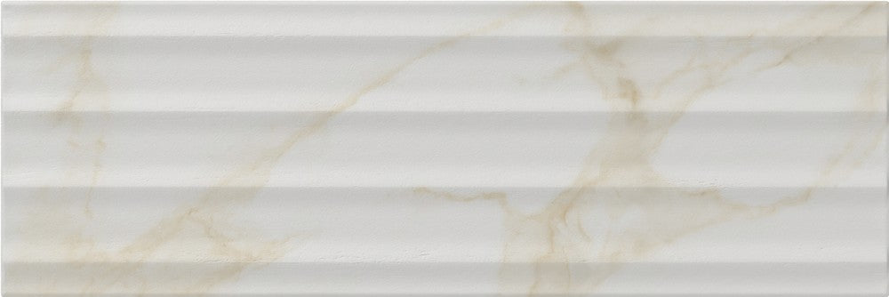 Dettaglio Piastrella da rivestimento in ceramica effetto marmo serie Marble chic di Herberia Ceramica, Decoro a rilievo 3D Colore Calacatta opaco decoro melange formato 25x75