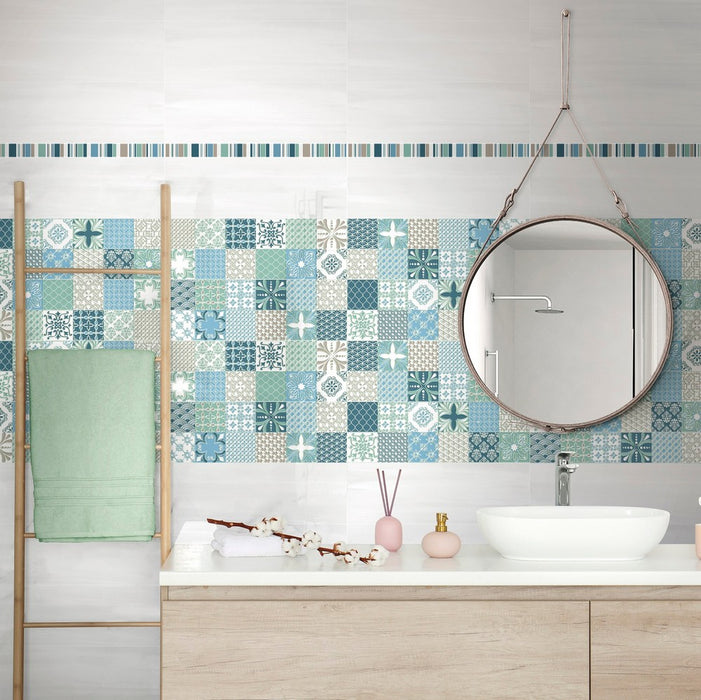 Rivestimento bagno decorativo effetto cementine patchwork multicolore serie costa del sol di savoia italia